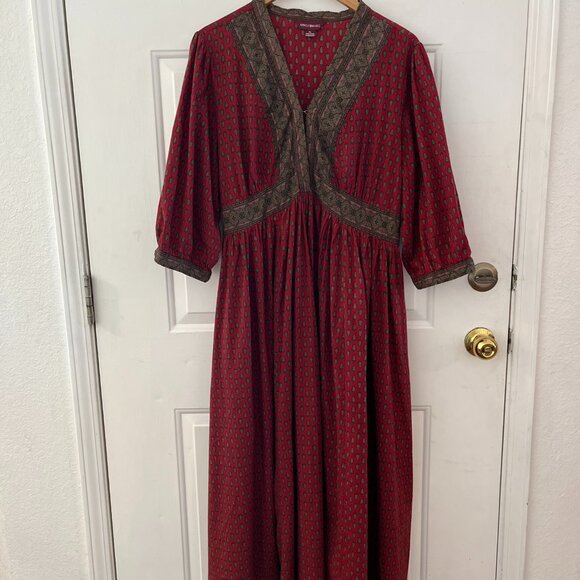April Cornell Woman's Red Cottage-Core Peasant 100% Cotton Maxi Dress Sz XL - Picture 1 of 9